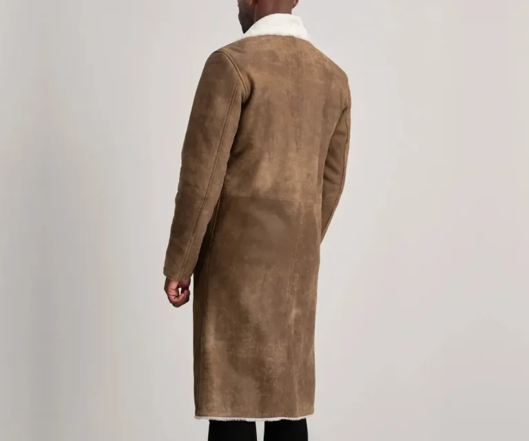Kolby Distressed Brown Leather Shearling Coat — Rear Back View & Tailored Hemline