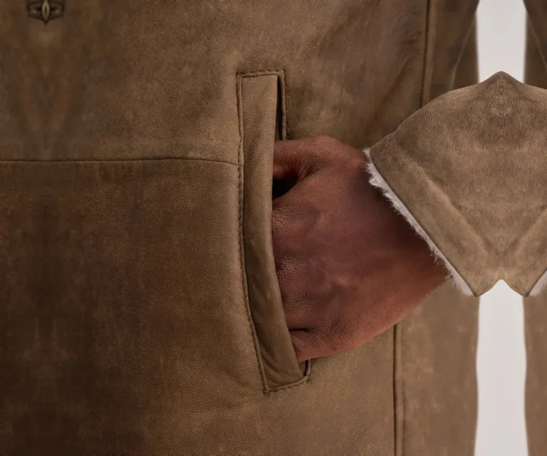 Kolby Distressed Brown Leather Shearling Coat — Macro Detail Texture, Stitching & Hardware