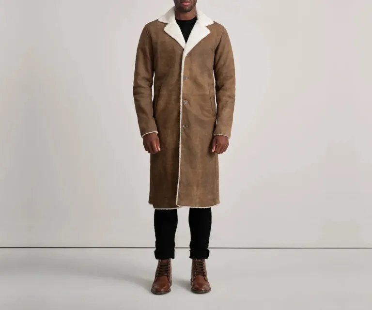 Kolby Distressed Brown Leather Shearling Coat — Full-Length Model Editorial Presentation