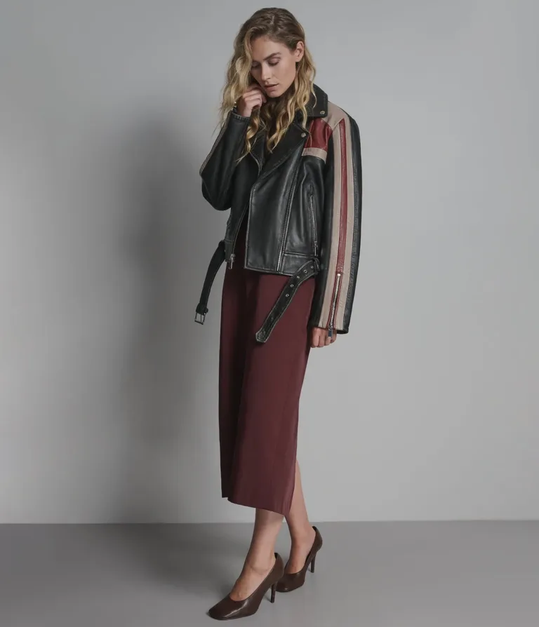 Kya Vintage Striped Moto Jacket in Black, official Wilsons Leather product photo 4