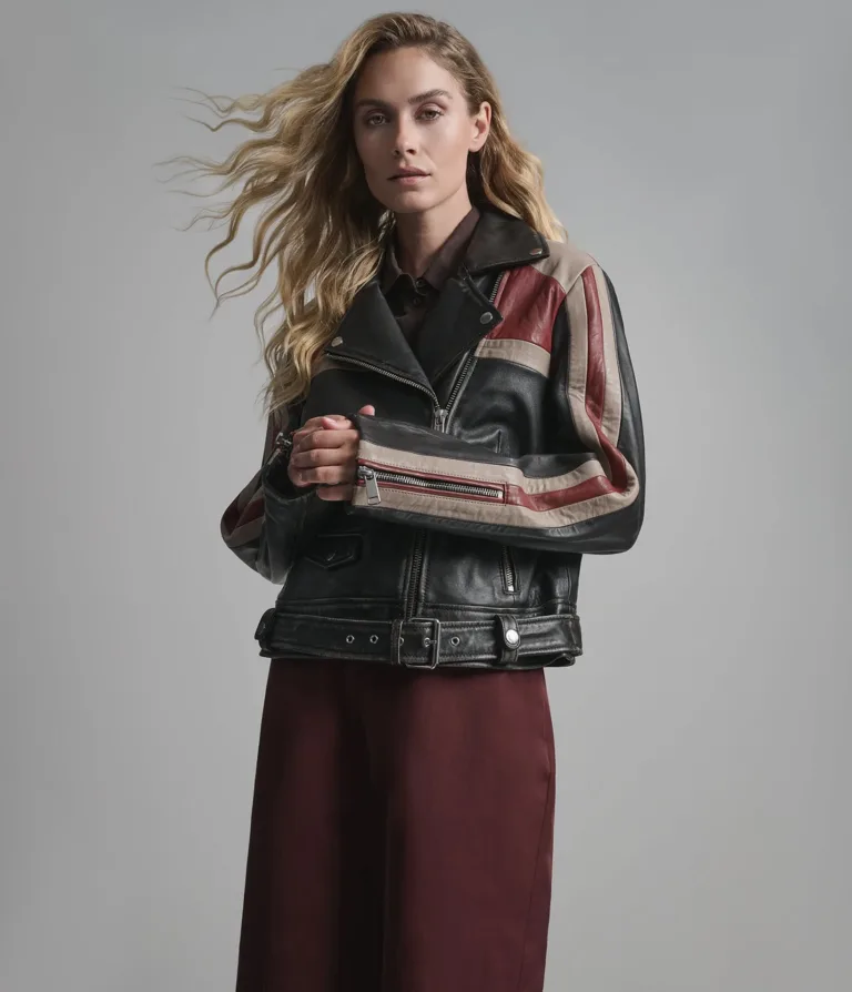 Kya Vintage Striped Moto Jacket in Black, official Wilsons Leather product photo 6
