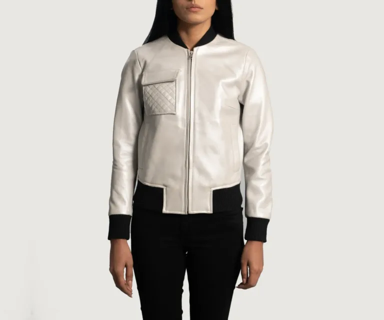 Lana Silver Leather Bomber Jacket Luxury Women's Outerwear — Three-Quarter Editorial Perspective