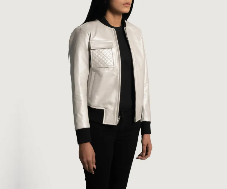 Lana Silver Leather Bomber Jacket Luxury Women's Outerwear — Collar & Ribbed Trim Architecture