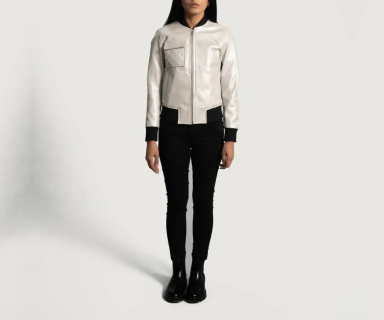 Lana Silver Leather Bomber Jacket Luxury Women's Outerwear — Rear Profile & Tailored Seaming