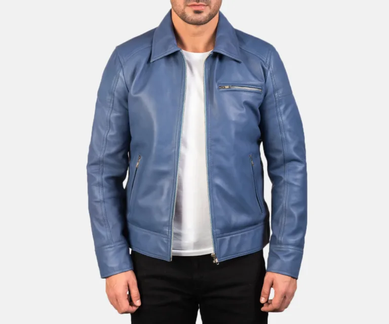 Lavendard Blue Leather Biker Jacket — Front Open Hero Presentation