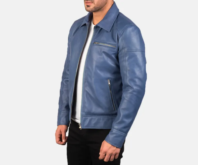Lavendard Blue Leather Biker Jacket — Quarter Angle Profile & Contoured Sleeve Detail