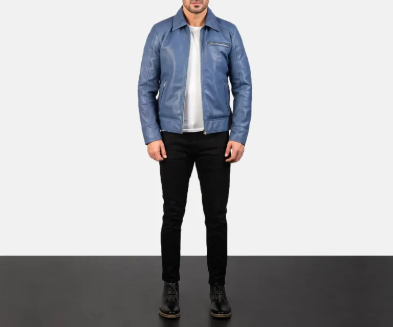 Lavendard Blue Leather Biker Jacket — Rear Back View & Clean Hemline
