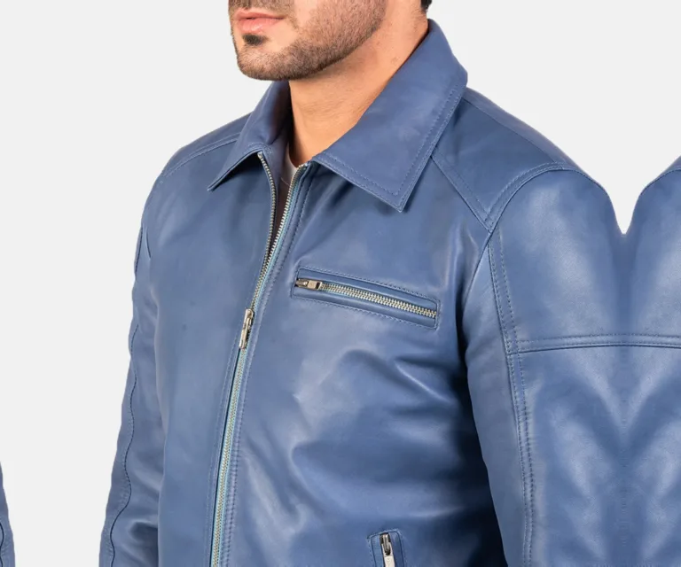 Lavendard Blue Leather Biker Jacket — Macro Detail Texture, Stitching & Hardware