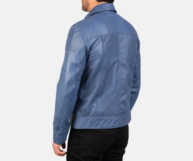 Lavendard Blue Leather Biker Jacket — Full-Length Model Editorial Presentation