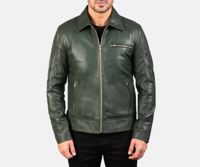 Lavendard Green Leather Biker Jacket — Front Zipped Placket & Shirt Collar Detail