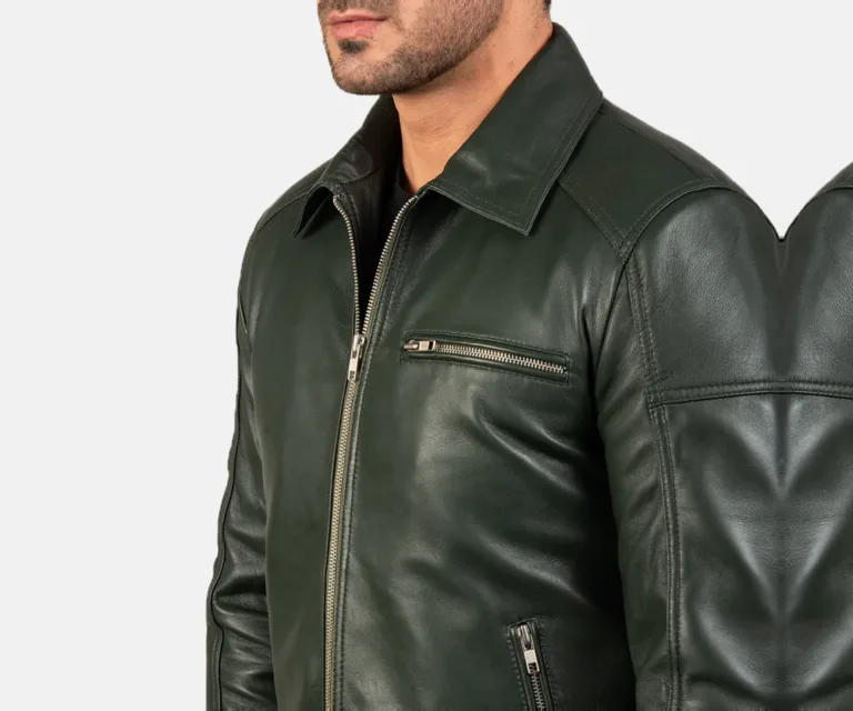 Lavendard Green Leather Biker Jacket — Macro Detail Forest Green Grain & Bottom Snap Flap