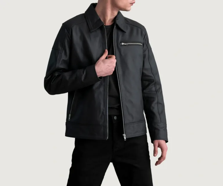 Lavendard Matte Black Leather Biker Jacket — Front Open Hero Presentation