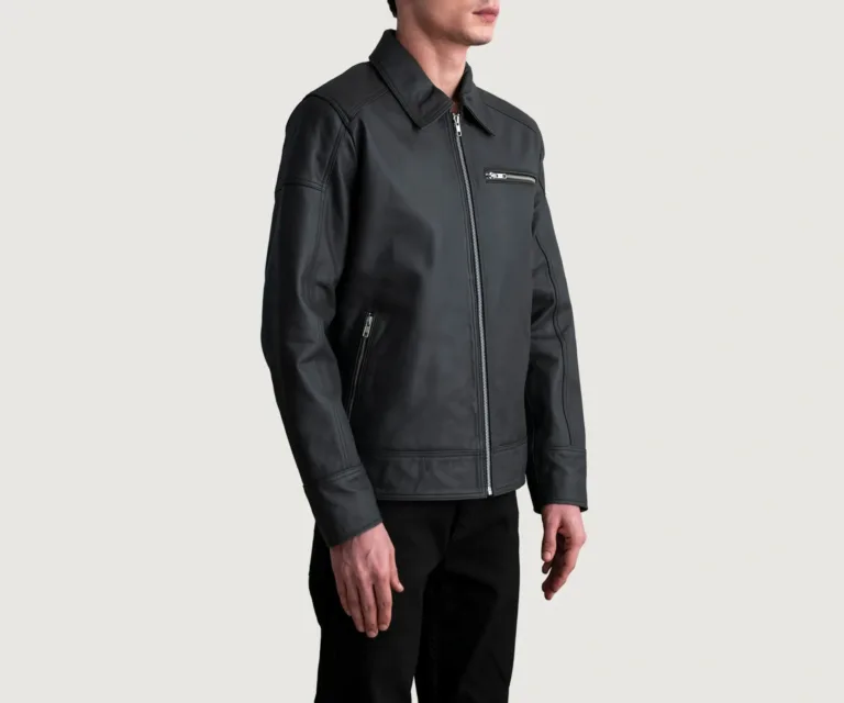 Lavendard Matte Black Leather Biker Jacket — Quarter Angle Side Profile & Contoured Sleeve Detail