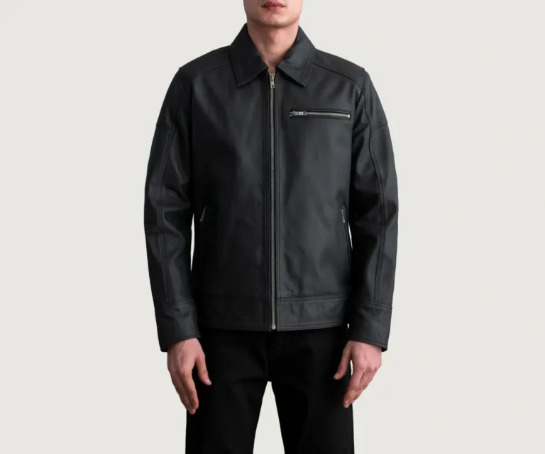 Lavendard Matte Black Leather Biker Jacket — Front Zipped Placket & Shirt Collar Detail