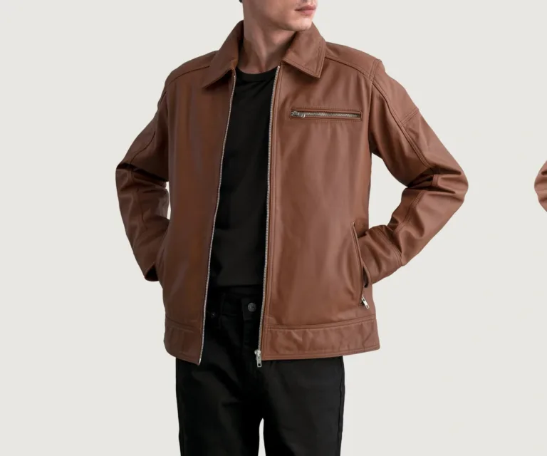 Lavendard Matte Brown Leather Biker Jacket — Front Open Hero Presentation
