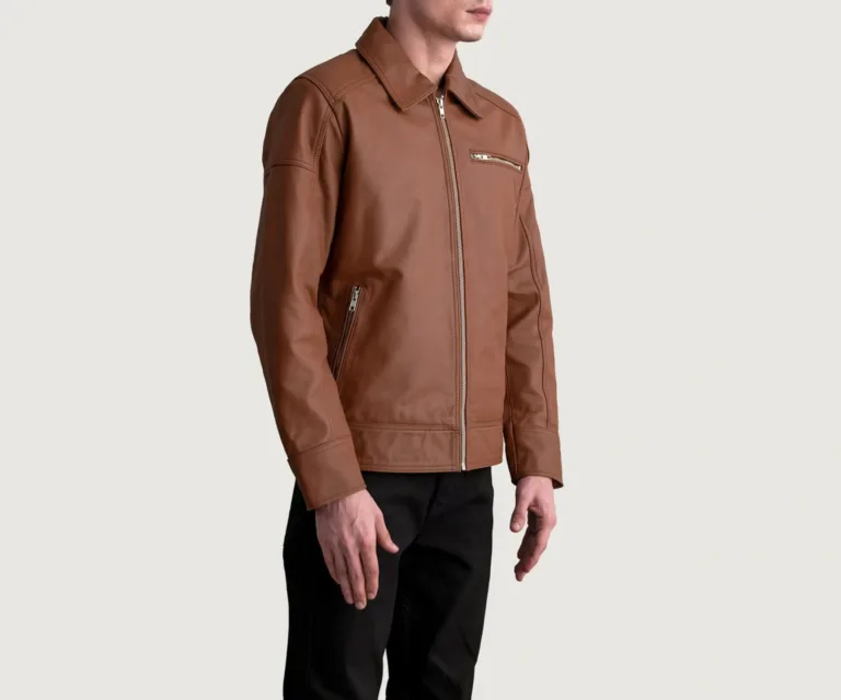 Lavendard Matte Brown Leather Biker Jacket — Quarter Angle Profile & Contoured Sleeve Detail