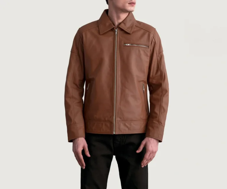 Lavendard Matte Brown Leather Biker Jacket — Front Zipped Placket & Collar Detail
