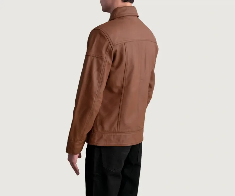 Lavendard Matte Brown Leather Biker Jacket — Full-Length Model Editorial Presentation