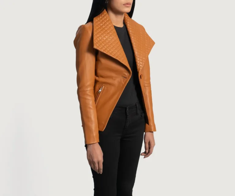 Lee Tan Brown Leather Blazer Luxury Women's Outerwear — Three-Quarter Editorial Perspective