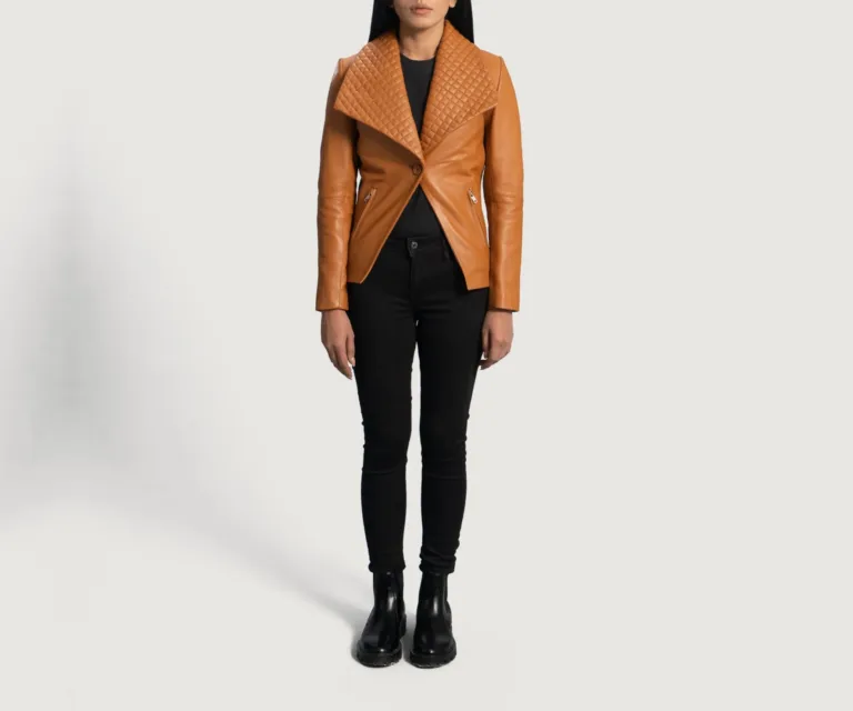 Lee Tan Brown Leather Blazer Luxury Women's Outerwear — Rear Profile & Tailored Seaming