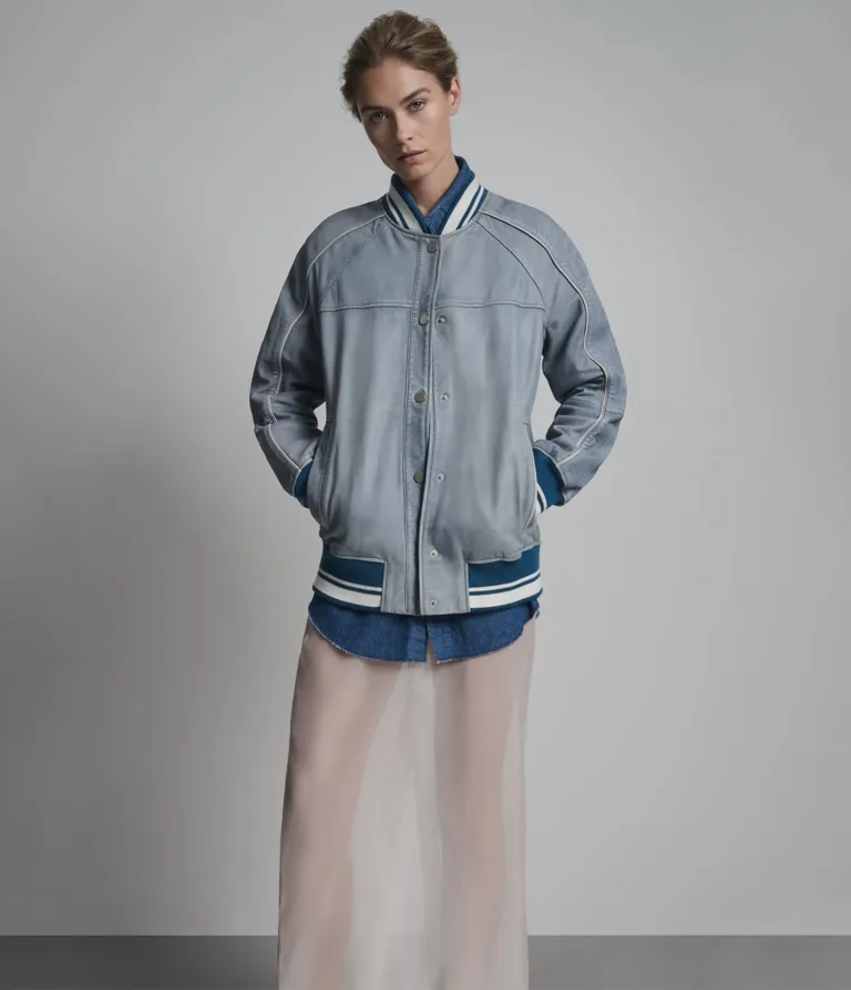 Lena Leather Denim Varsity Jacket in Light Blue Wash, official Wilsons Leather product photo 1