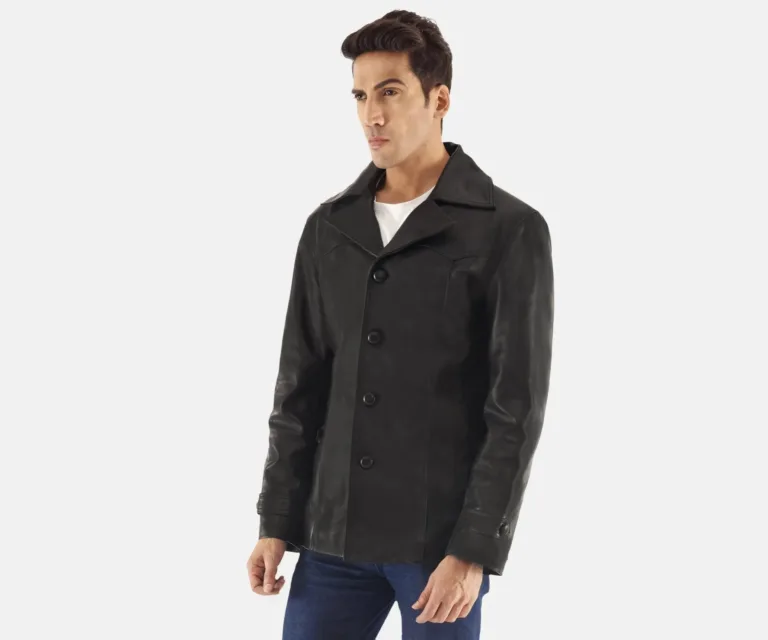 Leo Black Leather Coat — Quarter Angle Profile & Contoured Sleeve Detail