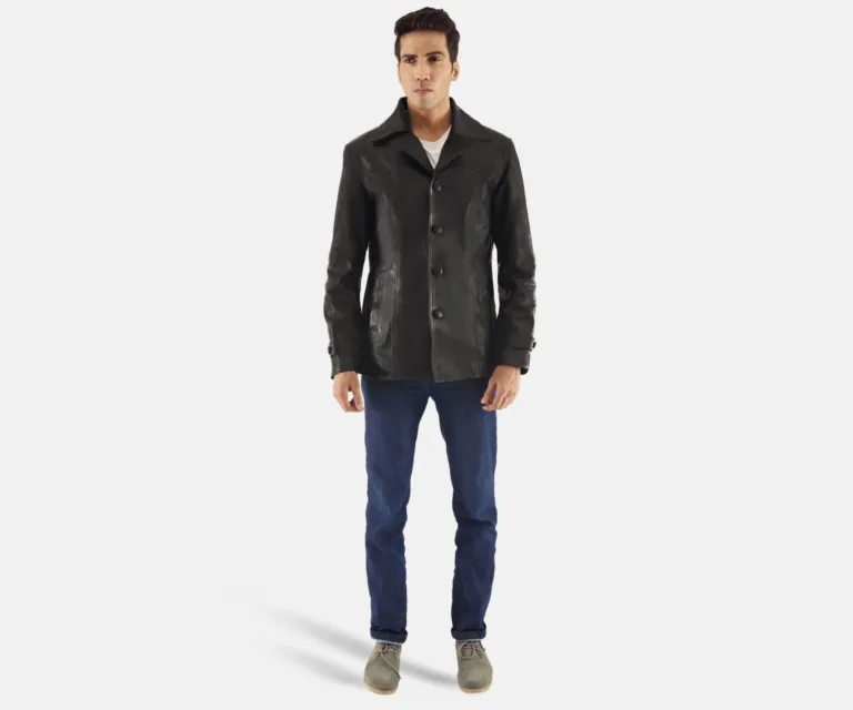 Leo Black Leather Coat — Front Lapel Closure & Button Detail