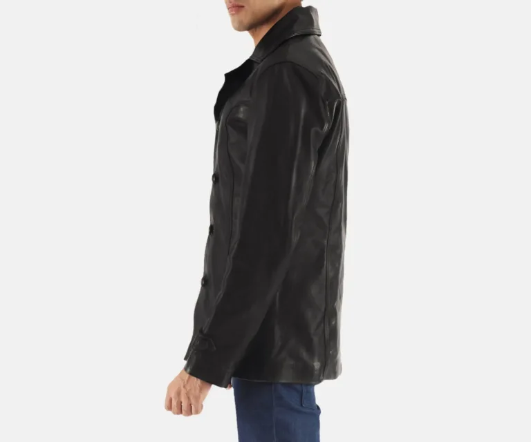 Leo Black Leather Coat — Rear Back View & Tailored Vent Hemline
