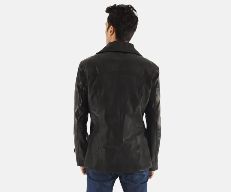 Leo Black Leather Coat — Macro Detail Leather Grain, Stitching & Buttons