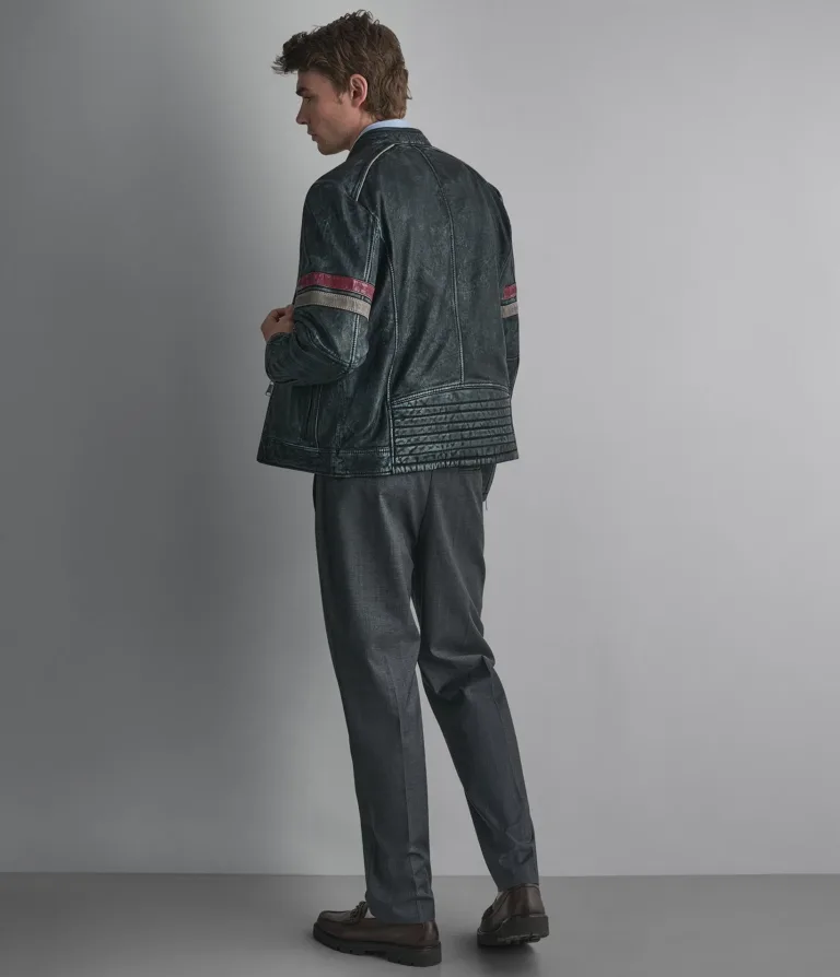 Lewis Denim Leather Striped Racer Jacket in Medium Blue, gallery view 3, image 3 of 4.
