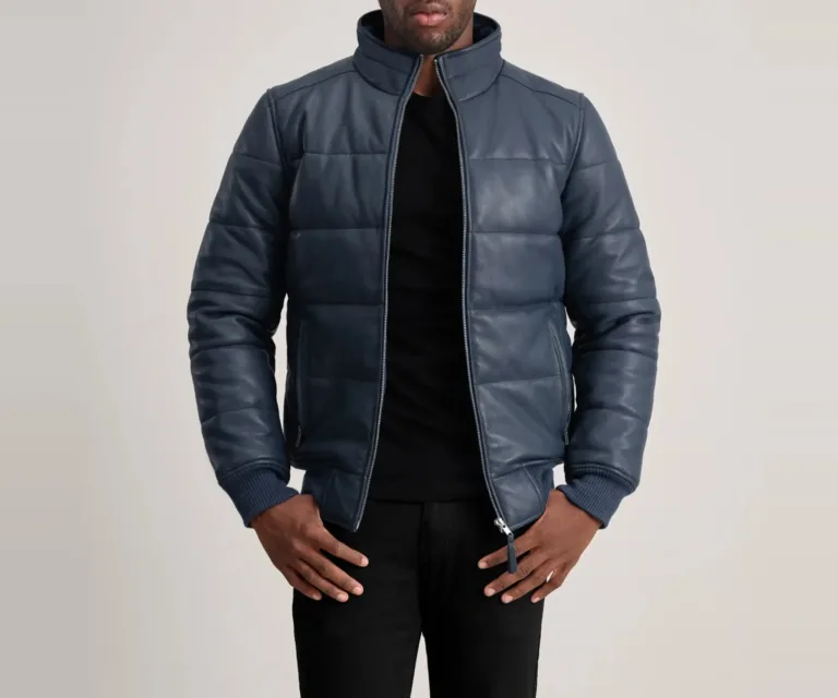 Lucas Blue Leather Puffer Bomber Jacket