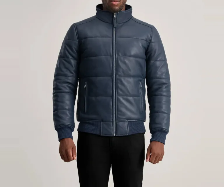Lucas Blue Leather Puffer Bomber Jacket — view 3