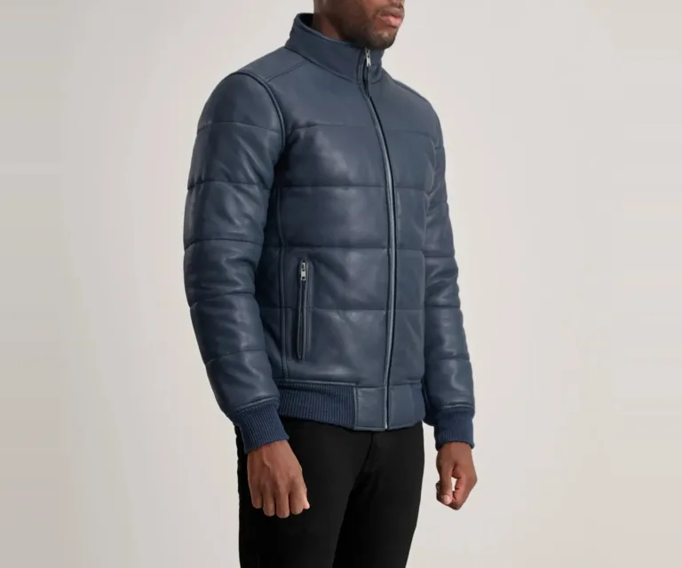 Lucas Blue Leather Puffer Bomber Jacket — view 2