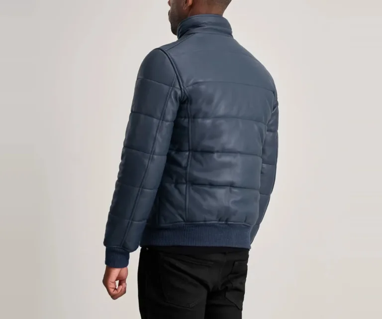Lucas Blue Leather Puffer Bomber Jacket — view 4