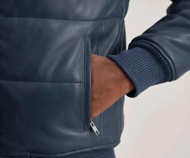 Lucas Blue Leather Puffer Bomber Jacket — view 5