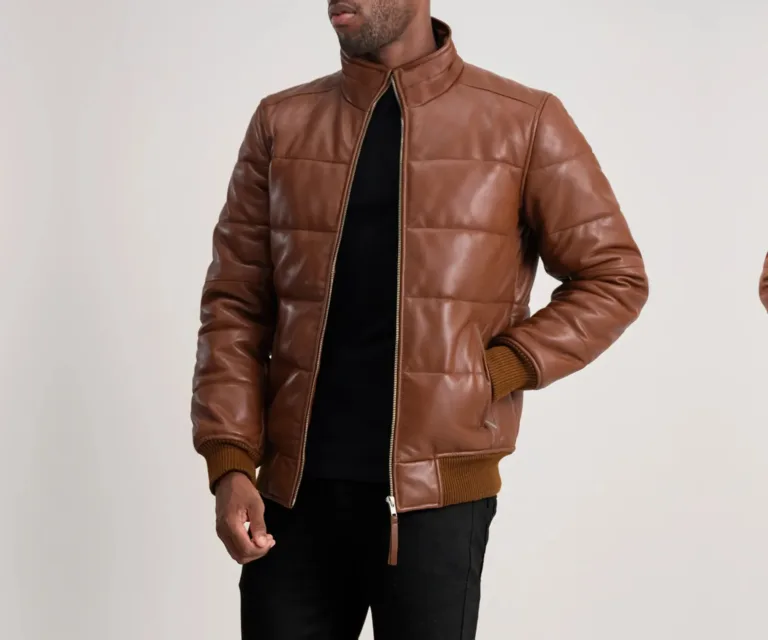Lucas Brown Leather Puffer Bomber Jacket
