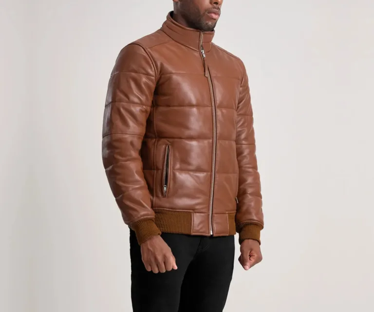 Lucas Brown Leather Puffer Bomber Jacket — view 2