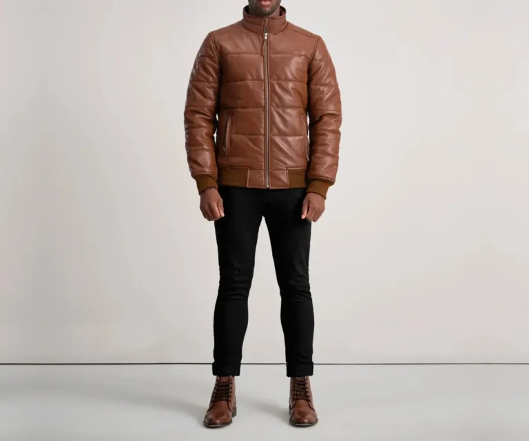 Lucas Brown Leather Puffer Bomber Jacket — view 3