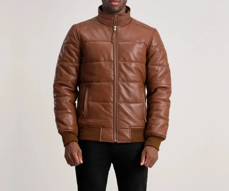 Lucas Brown Leather Puffer Bomber Jacket — view 4