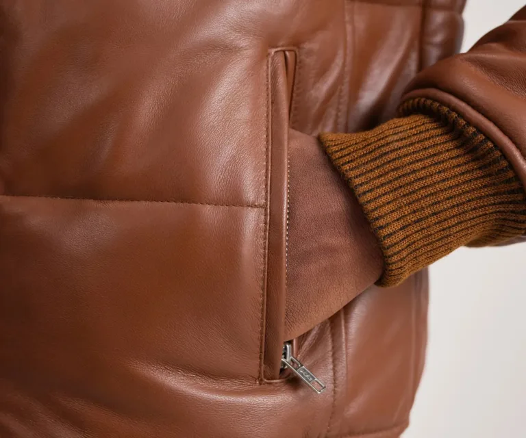 Lucas Brown Leather Puffer Bomber Jacket — view 6