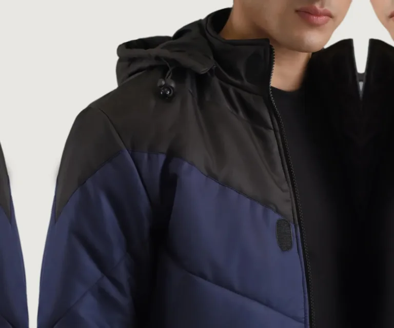 Luka Black & Blue Hooded Puffer Jacket — Macro Hardware & Fabric Texture