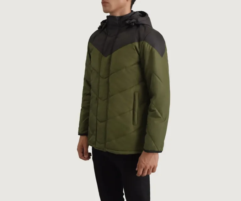 Luka Black & Green Hooded Puffer Jacket — Quarter Angle Profile & Contoured Sleeve Detail