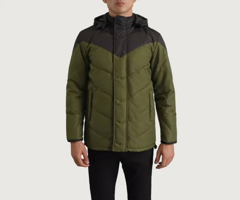 Luka Black & Green Hooded Puffer Jacket — Front Collar & Placket Thermal Detail