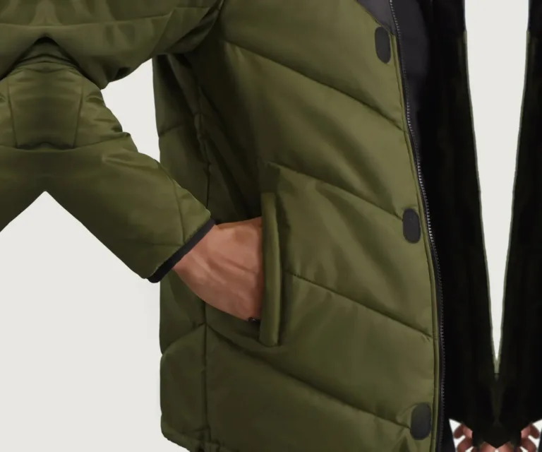 Luka Black & Green Hooded Puffer Jacket — Macro Detail Texture, Stitching & Hardware
