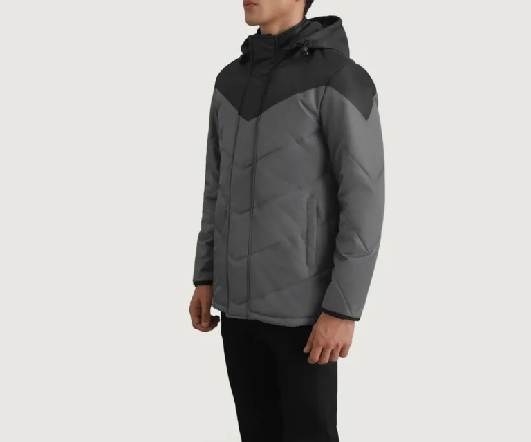 Luka Black & Grey Hooded Puffer Jacket — Quarter Angle Profile & Contoured Sleeve Detail