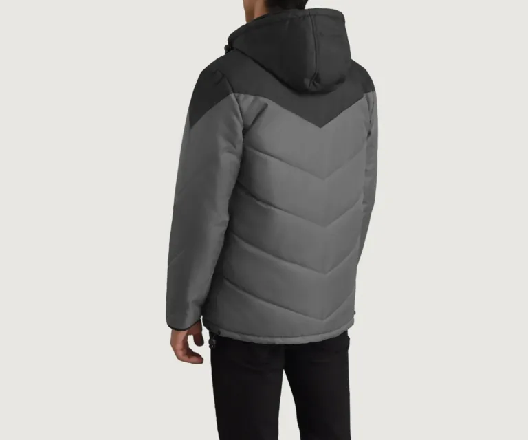 Luka Black & Grey Hooded Puffer Jacket — Rear Back View & Tailored Hemline