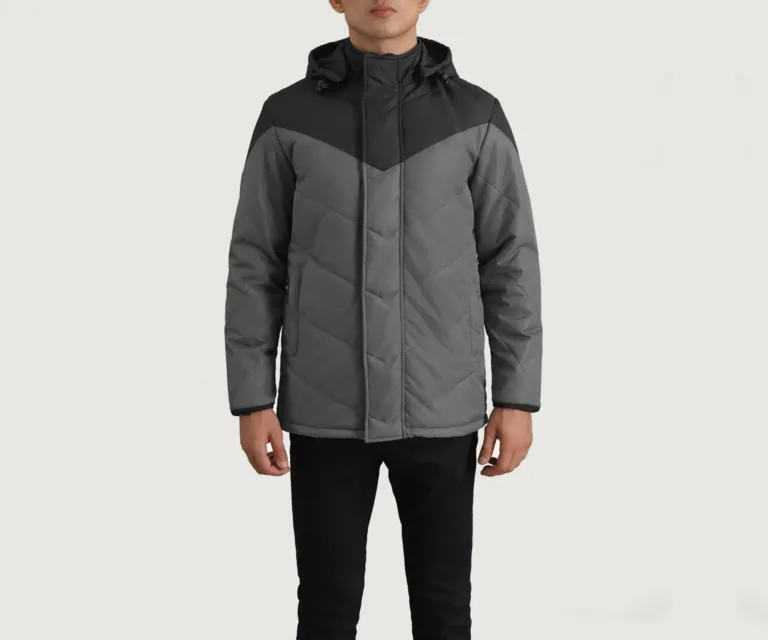 Luka Black & Grey Hooded Puffer Jacket — Macro Detail Texture, Stitching & Hardware