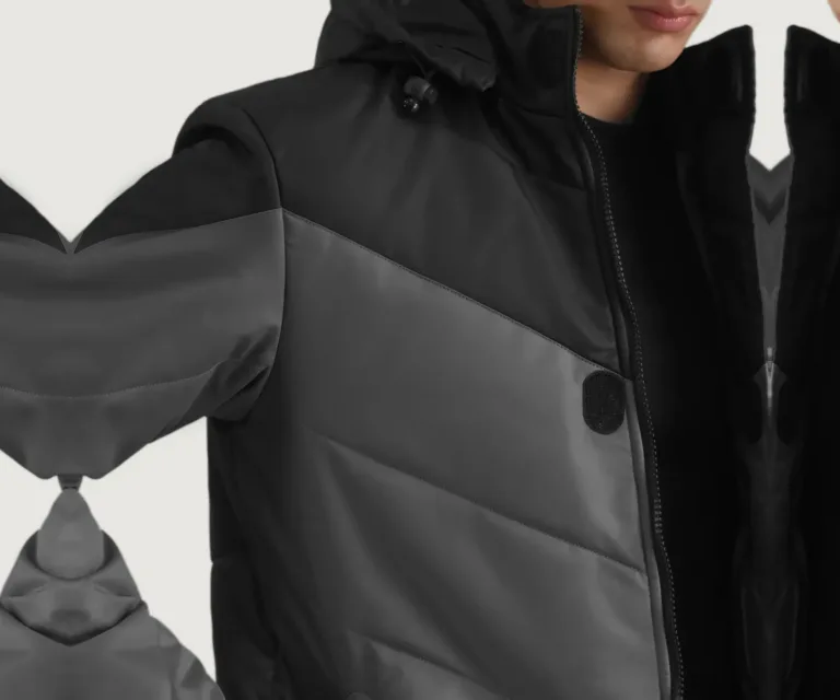 Luka Black & Grey Hooded Puffer Jacket — Full-Length Model Editorial Presentation