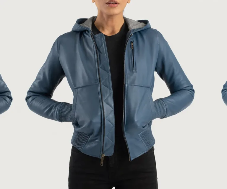 Luna Blue Hooded Leather Bomber Jacket Luxury Women's Outerwear — Front Silhouette Hero Presentation