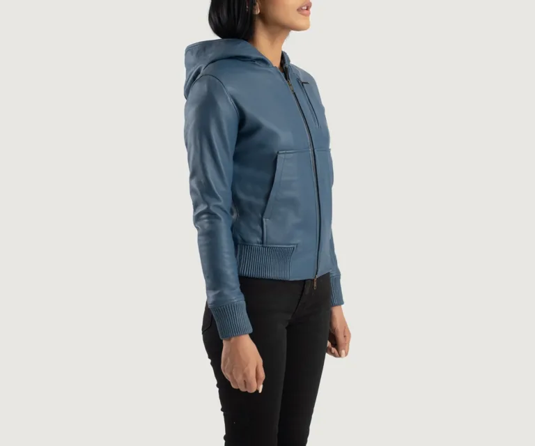 Luna Blue Hooded Leather Bomber Jacket Luxury Women's Outerwear — Three-Quarter Editorial Perspective